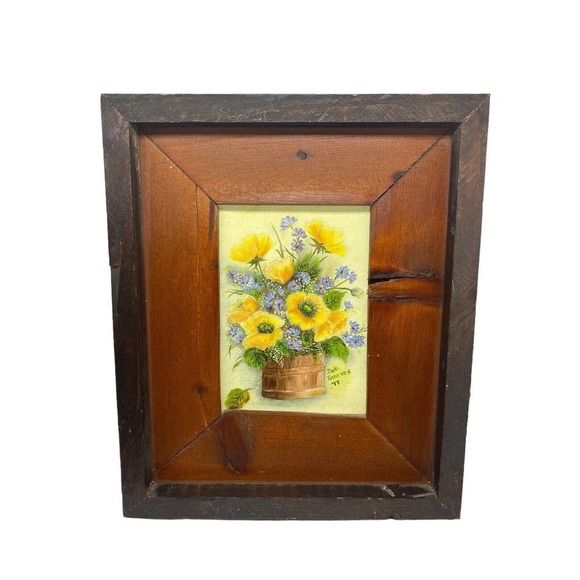 Country Flowers Original Art Painting Handmade Wood Frame Floral Vtg 12x10 - Picture 1 of 13